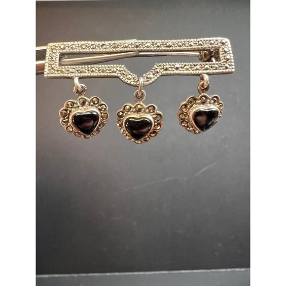 Vintage black onyx hearts and marcasite sterling silver pin brooch - Picture 2 of 11